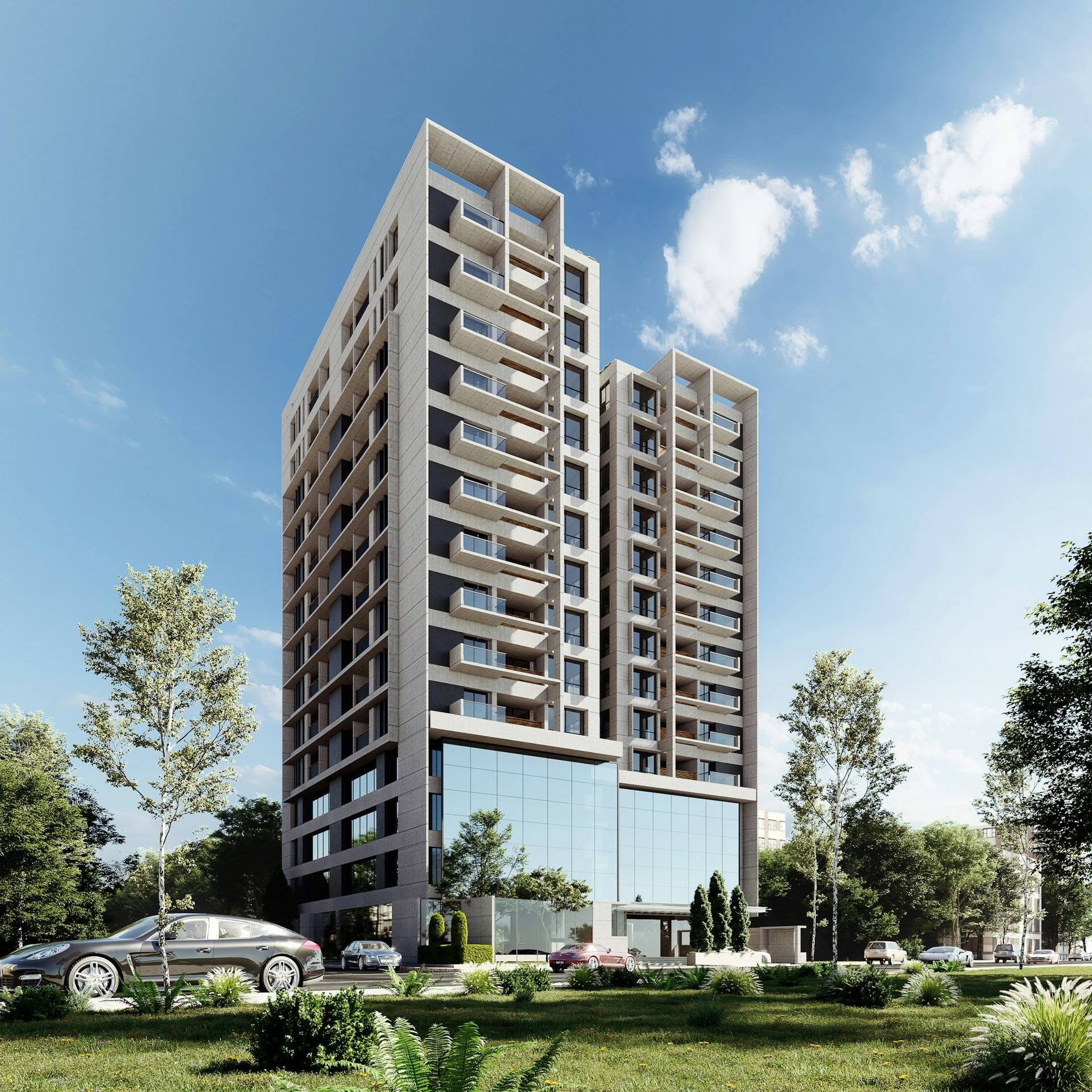 Contemporary glass condominium tower with balconies — modern high-rise development in Brampton