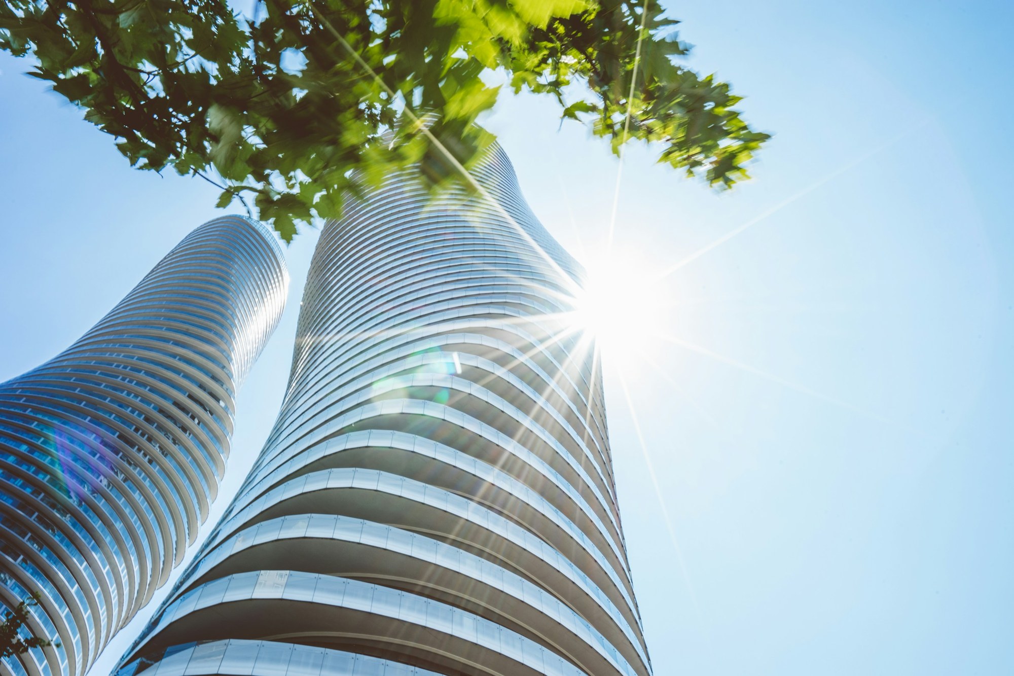 Absolute World twisted towers — Mississauga's iconic Marilyn Monroe buildings at sunrise