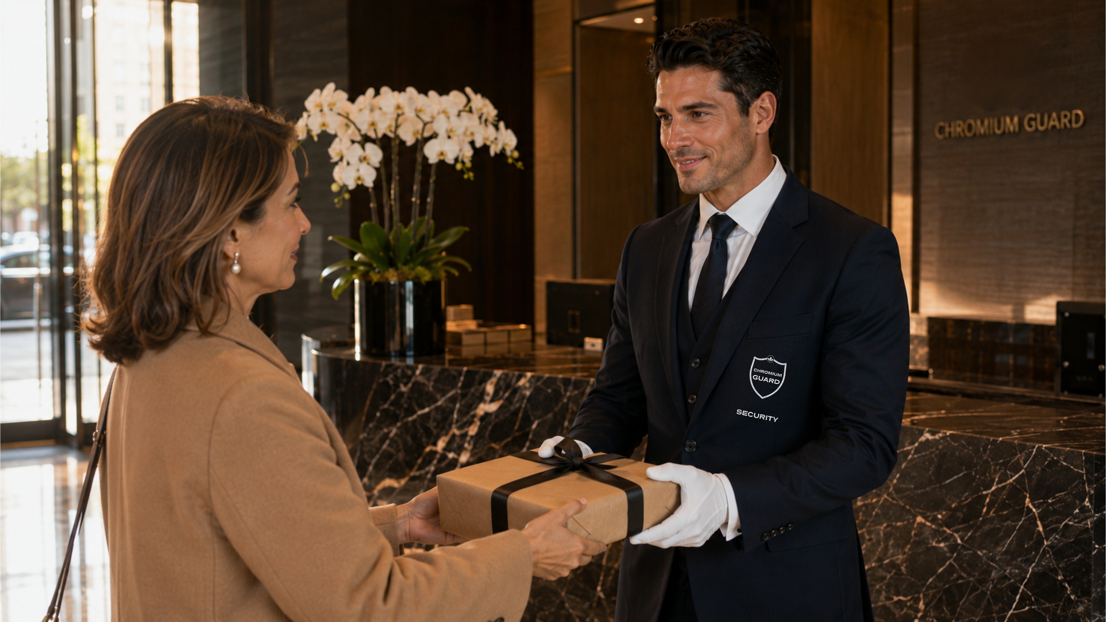 Chromium Guard officer handing a package to a resident in a luxury Toronto condominium lobby