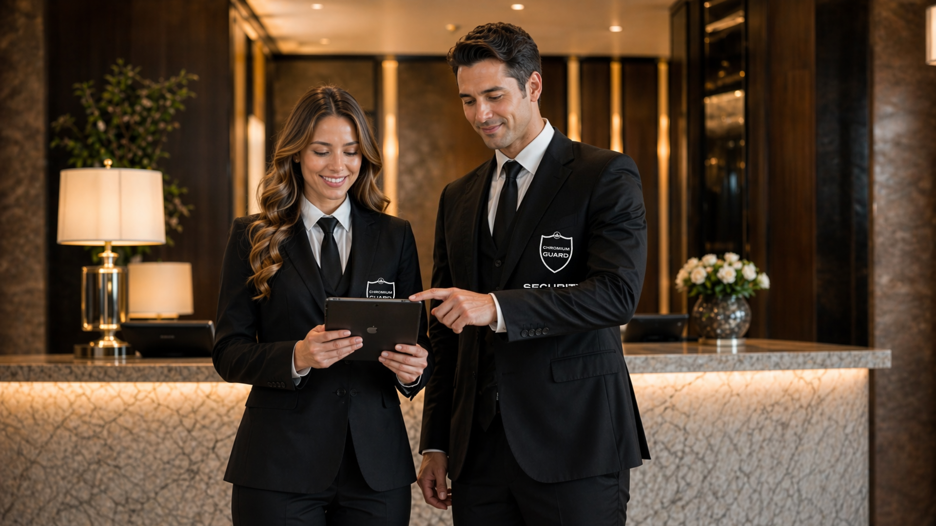 Concierge security officer at the front desk of a luxury Toronto condominium