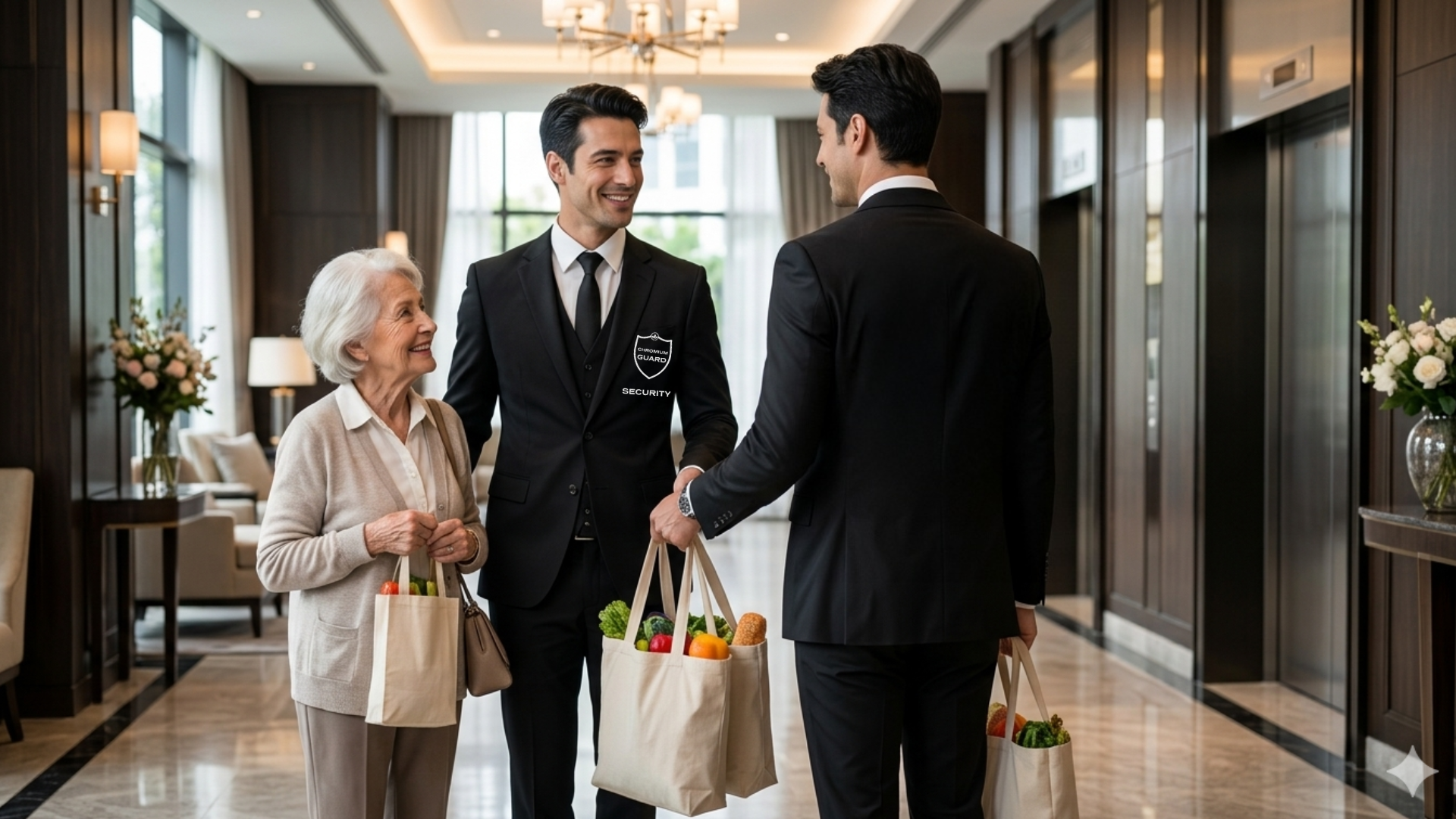 Chromium Guard officer welcoming a resident at a luxury Toronto condominium