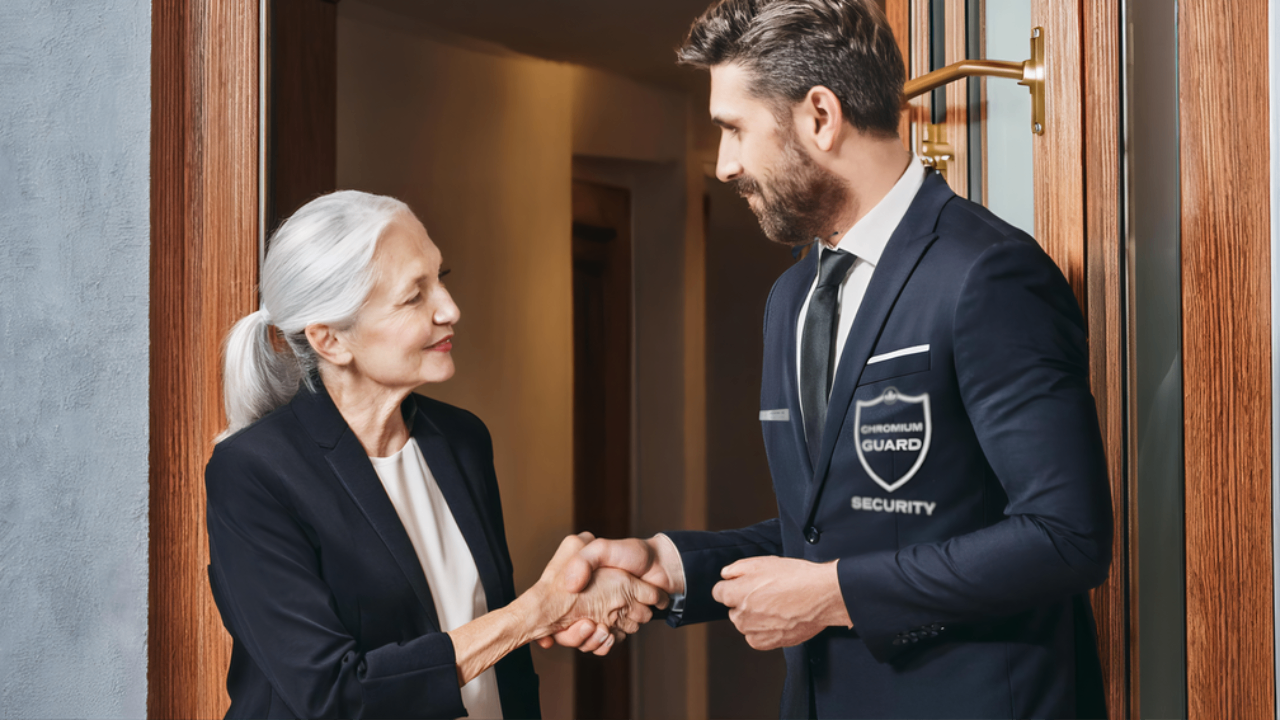 Male Chromium Guard security concierge assisting an elderly resident with kindness, carefully delivering her belongings to her doorstep in a luxury Toronto condo. Providing safety, hospitality, and exceptional concierge security services