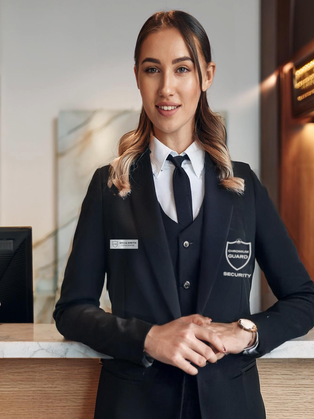 Female security concierge at luxury Toronto condo ensuring resident safety and guest management with 24/7 protection, access control, and visitor management for residents' safety